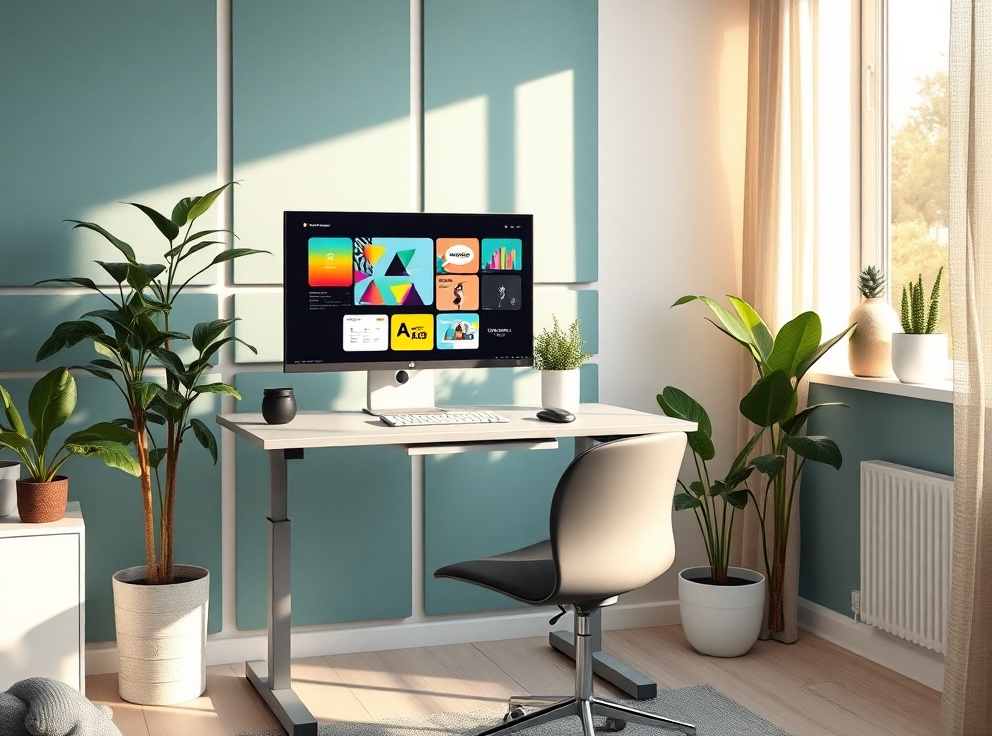 A cozy home office setup with a laptop and plants